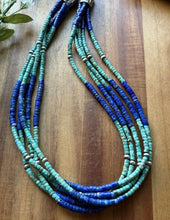 Load image into Gallery viewer, Sterling Silver Heishi Multi Strand Stone Lapis Turquoise Bead Necklace. 24 inch