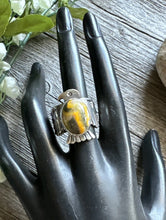 Load image into Gallery viewer, Sunshine Reeves Sterling Silver Bumblebee Jasper Thunderbird Stamped Ring Size 9