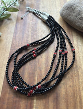 Load image into Gallery viewer, Sterling Silver Multi Strand Black Onyx Red Coral Bead Necklace. 22 Inch