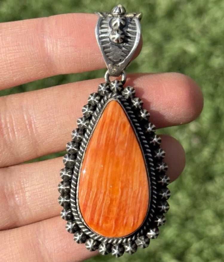 Native American Sterling Silver Orange Spiny Oyster Pendant H Happy Piasso