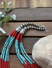 Load image into Gallery viewer, Sterling Silver Multi Strand Heishi Bamboo Coral Turquoise Bead Necklace 24 Inch