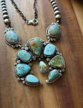 Load image into Gallery viewer, Navajo Sterling Silver Blue Green Royston Turquoise Lariat Pearls Naja Necklace