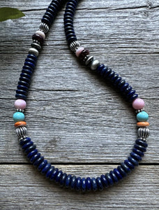 Sterling Silver Lapis Multi Stone Bead Necklace. 18 inch. Gift