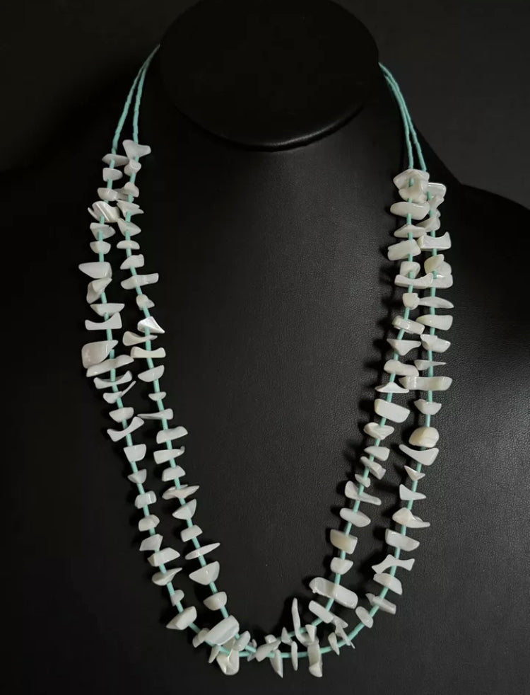 Vintage Native American Sterling Silver White Shell Turquoise Bead Necklace 26”