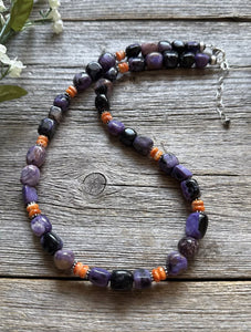 Sterling Silver Charoite Nuggets Orange Spiny Oyster Bead Necklace. 18 Inch