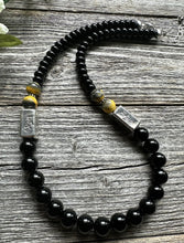 Load image into Gallery viewer, Sterling Silver Black Onyx Bumblebee Jasper Kokopelli Bead Necklace. 18 inch.