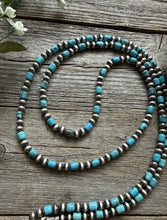 Load image into Gallery viewer, Long Sterling Silver Blue Turquoise W 6mm Pearls Bead Necklace 43 inch Gift