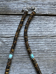 Southwestern 925 Sterling Silver Blue Turquoise Tigers Eye Bead Necklace 18 inch