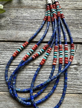 Load image into Gallery viewer, Sterling Silver Multi Strand Stone Lapis Spiny Turquoise Bead Necklace. 20 inch
