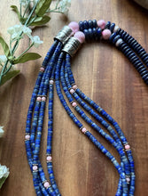 Load image into Gallery viewer, Sterling Silver Multi Strand Heishi Lapis Pink Conch Bead Necklace 26 inch
