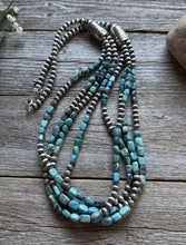 Load image into Gallery viewer, Sterling Silver Multi Strand Blue Turquoise Nuggets Pearls Bead Necklace 30 inch