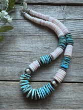 Load image into Gallery viewer, Sterling Silver Graduated Pink Conch Turquoise Bead Necklace 20 Inch