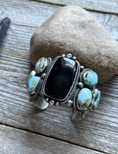 Load image into Gallery viewer, Navajo Native Sterling Silver Black Onyx Royston Turquoise Cuff Bracelet RY