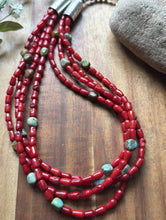 Load image into Gallery viewer, Sterling Silver Multi Strand Red Coral Turquoise Nuggets Bead Necklace 22 Inch