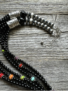 Sterling Silver Multi Strand Black Onyx Multi Stone Bead Necklace. 24 Inch