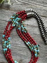 Load image into Gallery viewer, Sterling Silver Blue Green Turquoise Red Coral Pearls Bead Necklace 28 Inch
