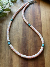 Load image into Gallery viewer, Sterling Silver Heishi Pink Conch Turquoise Bead Necklace 18 Inch