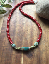 Load image into Gallery viewer, Sterling Silver Red Coral Turquoise Nuggets Bead Necklace 18 inch