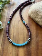Load image into Gallery viewer, Sterling Silver Purple Spiny Oyster Heishi Turquoise Pearls Bead Necklace 18”