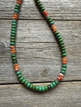 Load image into Gallery viewer, Sterling Silver Green Turquoise Orange Spiny Oyster Bead Necklace. 18 inch