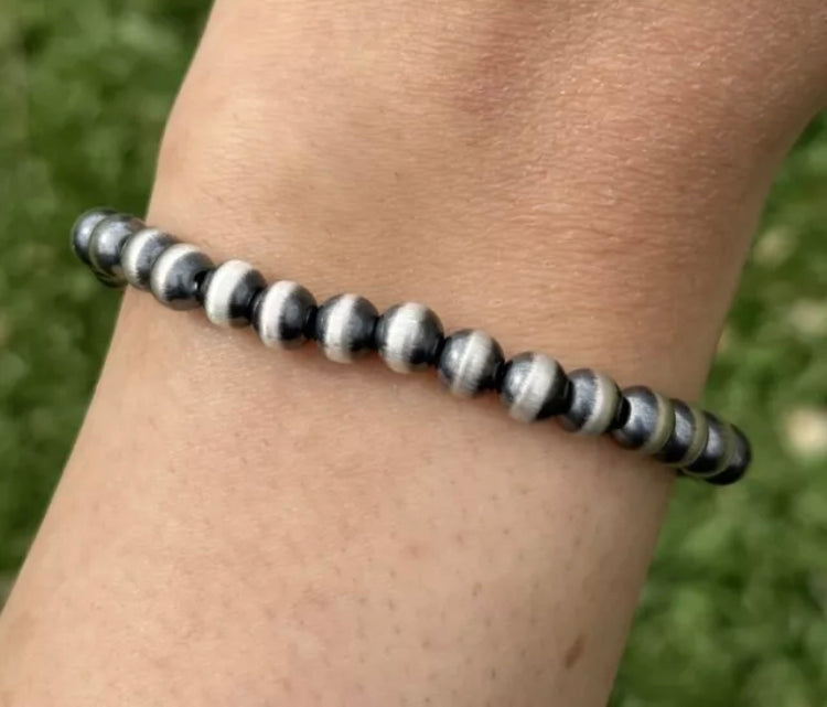 6mm 7 Inch Stretch Sterling Silver Oxidized Pearls Bead Bracelet Southwestern