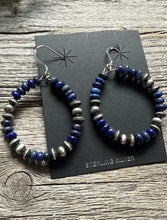 Load image into Gallery viewer, Southwestern 925 Sterling Silver Lapis Pearls Hoop Earrings.