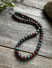 Load image into Gallery viewer, Sterling Silver Heishi Turquoise Coral Bead Necklace. 18 inch