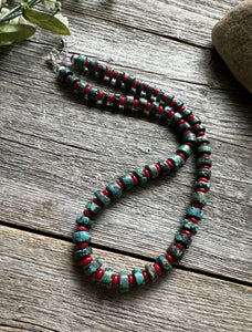 Sterling Silver Heishi Turquoise Coral Bead Necklace. 18 inch