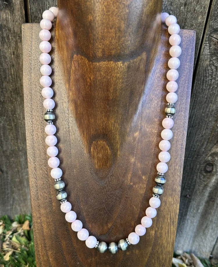 Sterling Silver 10mm Pink Conch Round Bead W Pearls Necklace. 20 inch