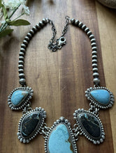 Load image into Gallery viewer, Navajo Sterling Silver Black Jack Kingman Turquoise Lariat Pearls Chain Necklace