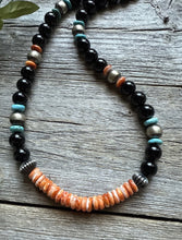 Load image into Gallery viewer, Sterling Silver Black Onyx Multi Stone Turquoise Spiny Bead Necklace 18 Inch