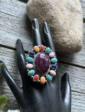 Load image into Gallery viewer, Navajo Sterling Silver Multi Stone Spiny Cluster Adjustable Ring. G James
