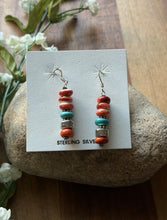 Load image into Gallery viewer, Sterling Silver Orange Red Spiny Oyster Bead Drop Earrings. 1.75 Inch