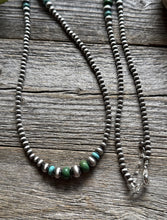 Load image into Gallery viewer, Long Sterling Silver Graduated Blue Green Turquoise Bead Necklace. 40 inch
