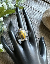 Load image into Gallery viewer, Sunshine Reeves Sterling Silver Bumblebee Jasper Thunderbird Stamped Ring Size 9