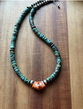 Load image into Gallery viewer, Sterling Silver Graduated Turquoise Heishi Spiny Oyster Bead Necklace 17.5 Inch