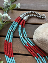 Load image into Gallery viewer, Sterling Silver Multi Strand Heishi Bamboo Coral Turquoise Bead Necklace 24 Inch