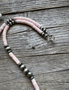 Southwestern Sterling Silver Pink Conch Bead Necklace. 22 Inch