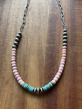 Load image into Gallery viewer, Sterling Silver Graduated Pink Conch Turquoise Pearls Chain Bead Necklace 16inch