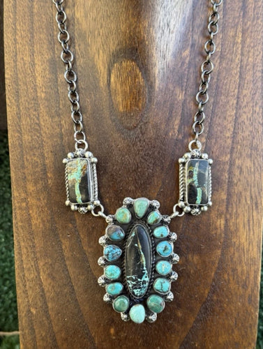 Navajo Sterling Silver Black Jack Turquoise Cluster Lariat Y Chain Necklace KY