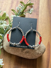 Load image into Gallery viewer, Sterling Silver Red Coral Bead W Pearls Loop Hoop Earrings.