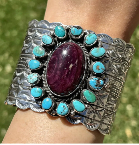 Native American Sterling Silver Turquoise Purple Spiny Oyster Cuff Bracelet. CY