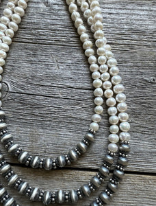 Sterling Silver Freshwater Pearls Multi Strand Layered Bead Necklace. 26-30 Inch