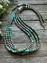 Load image into Gallery viewer, Sterling Silver Multi Strand Blue Green Turquoise Pearls Bead Necklace. 30 inch