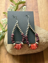 Load image into Gallery viewer, Sterling Silver Purple Red Spiny Oyster Pearls Bead Loop Hoop Earrings. 3 Inch