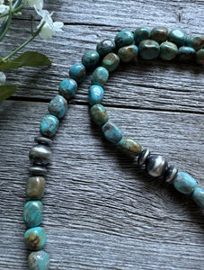 Sterling Silver Blue Green Turquoise Nuggets W Pearls Bead Necklace. 18 inch