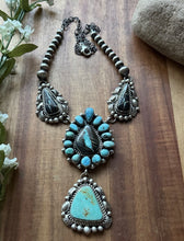Load image into Gallery viewer, Navajo Sterling Silver Black Jack Kingman Turquoise Lariat Pearls Chain Necklace