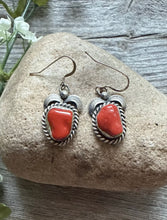 Load image into Gallery viewer, Navajo Native American Sterling Silver Red Coral Nuggets Earrings. Gift. 1.5”