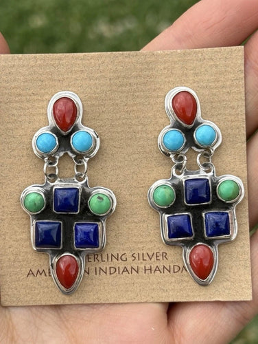 Navajo 925 Sterling Silver Multi Stone Cluster Earrings Geneva