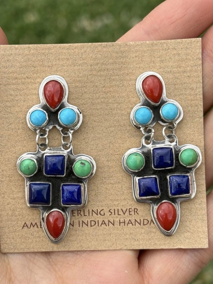 Navajo 925 Sterling Silver Multi Stone Cluster Earrings Geneva